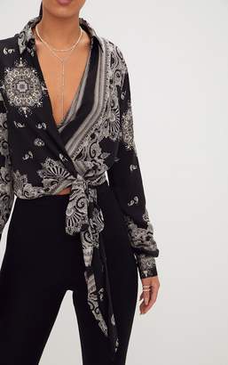 PrettyLittleThing White Satin Paisley Print Wrap Front Tie Side Blouse