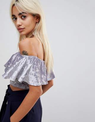 Glamorous Petite Off Shoulder Crop Top With Ruffle In Crushed Velvet