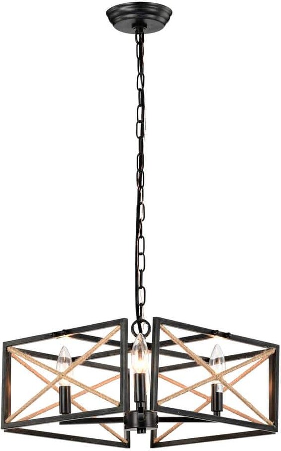 Greenville Signature Kula 4-Light Sweep Black Geometric Lantern Style Chandelier for Dining/Living Room, Bedroom, Foyer, No Bulbs Included
