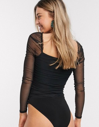 New Look ruched square neck mesh sleeve body in black