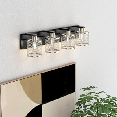 Ivy Bronx Vintage Vanity Light Fixture With Meshy Lantern Design 4-Light Bathroom Wall Lamp Brushed Nickel And Matte Black Finish E26 Base Dimmable Easy In
