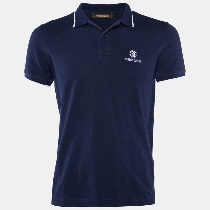 Roberto Cavalli Navy Blue Logo Embroidered Cotton Polo T-Shirt L - ShopStyle