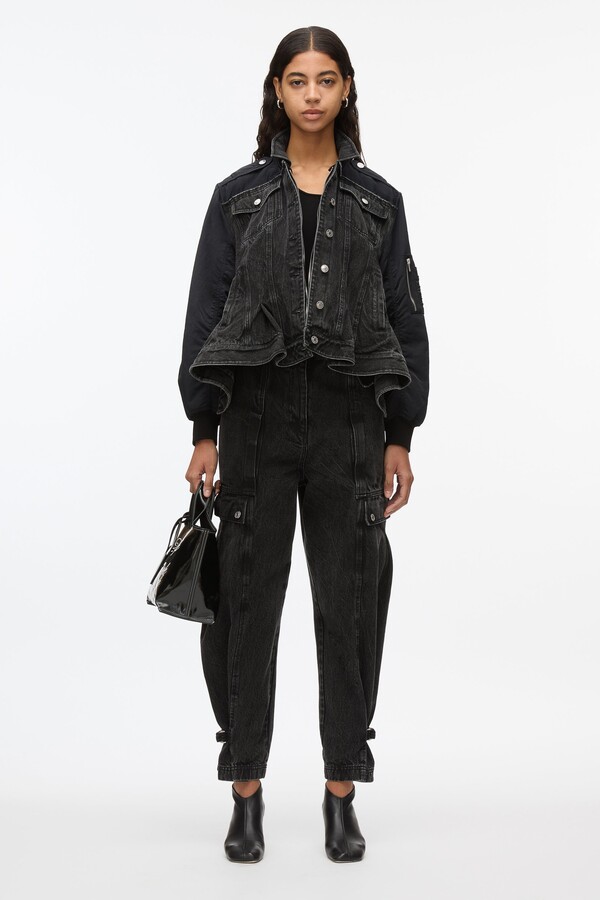 Hybrid Denim Flight Jacket With Flounce Hem in WASHED BLK