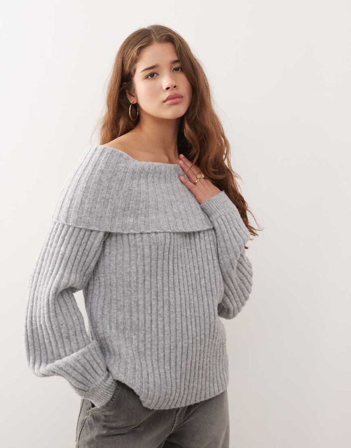 Monki oversized bardot knit sweater in gray melange