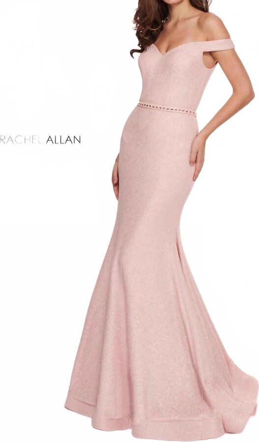 RACHEL ALLAN Off Shoulder Horsehair Hem Prom Gown In Blush