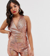 Thumbnail for your product : TFNC Petite sequin halter neck playsuit in rose gold