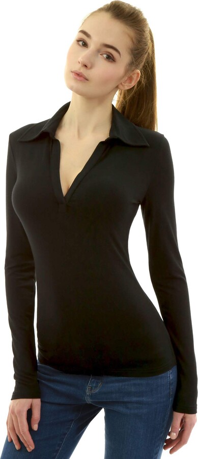 AmélieBoutik Women Collar V Neck Long Sleeve Polo Shirt (Black Medium ...