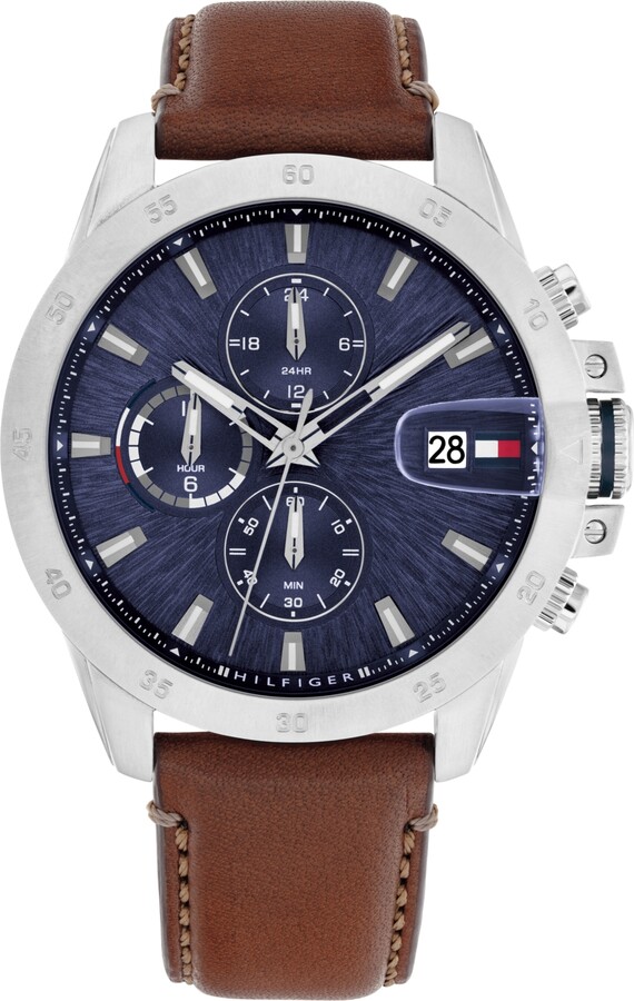 Tommy Hilfiger Men's Multifunction Brown Leather Strap Watch, 43mm