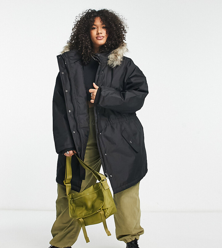 Only Curve parka coat with faux fur hood in black - ShopStyle