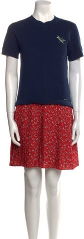Ted Baker Shift Dress Blue & Red Printed Pleated & Studded Accents Short Sleeve with Crew Neck Designer size 2. Designer