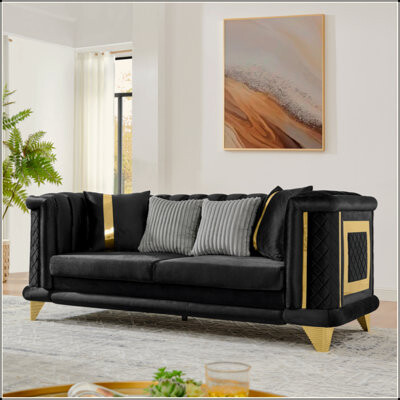 Everly Quinn 89 Inches Velvet 3 Seater Luxury Sofa With Gold Stainless Steel Trims And Embroidered Texture Mid Century Modern Victorian Tufted Couch For Living Ro