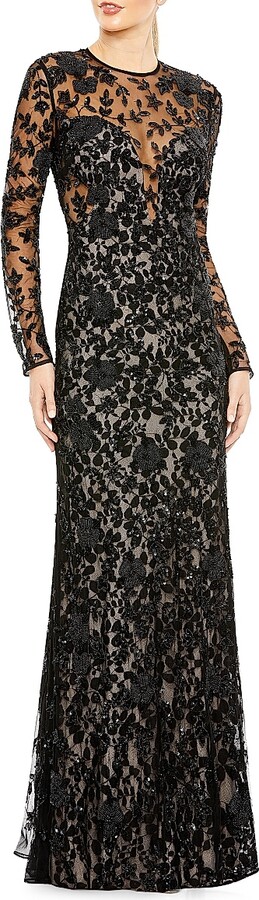 Women's Beaded Long-Sleeve Column Gown - Black Beige - Size 4