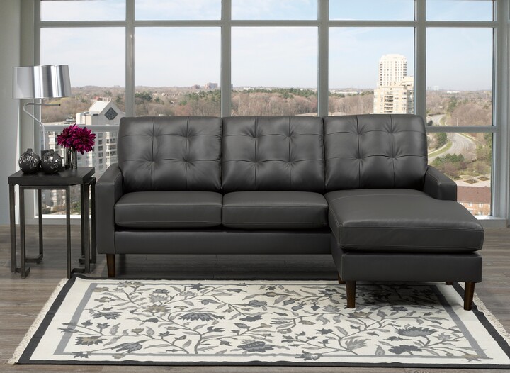 Chet Mid Century Modern Dark Grey Top Grain Leather Tufted Sectional