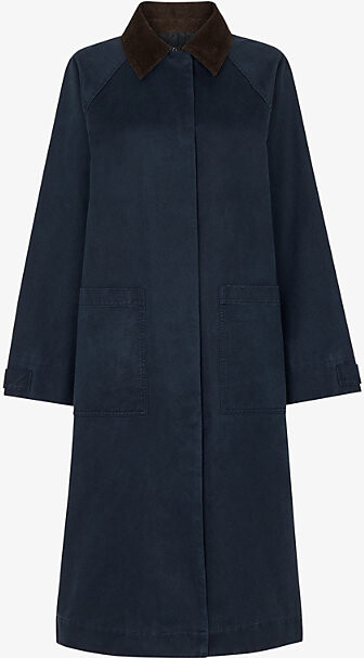 Whistles Womens Navy Gabriella Contrast-Collar Relaxed-Fit Waxed Overcoat L