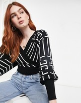 Thumbnail for your product : Qed London cropped wrap front jumper in monochrome stripe