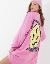 Thumbnail for your product : ASOS DESIGN oversized long sleeve t-shirt dress in pink with yellow face graphic
