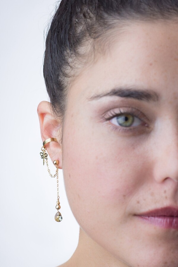 Etsy Gold Dragonfly Ear Cuff Dangle Earring, Smoky Swarovski Crystal Earrings, Charm Cuff, Drop Earrings Set