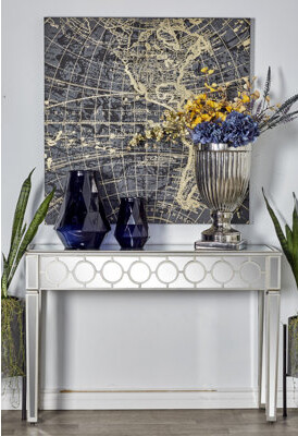 House of Hampton Skyler Glass Mirrored Geometric Silver Console Table with Circular Panel Inlay