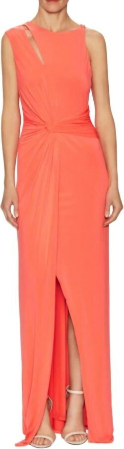 Halston Jersey Front Twist Faux Wrap Long Dress In Orange