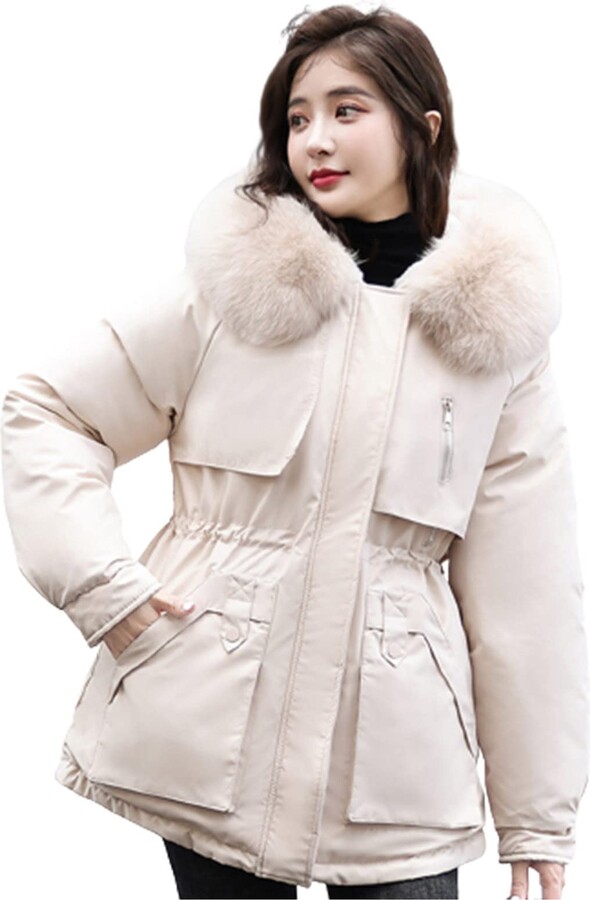 vokkrv Women's Winter Jacket with Hood Faux Fur Trim Warm Lined Winter