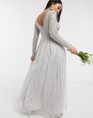 Maya Petite Bridesmaid long sleeve v back maxi tulle dress with tonal delicate sequin in silver