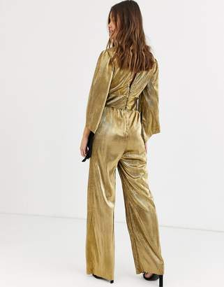 TFNC deep plunge pleated foiled jumpsuit in gold