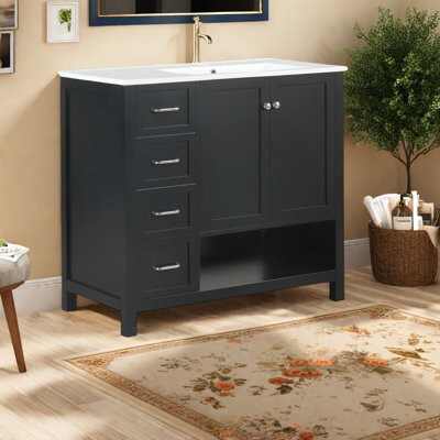 Latitude Run Modern Black Vanity Cabinet And Sink 36 Inch Solid Wood & Mdf Spacious Storage