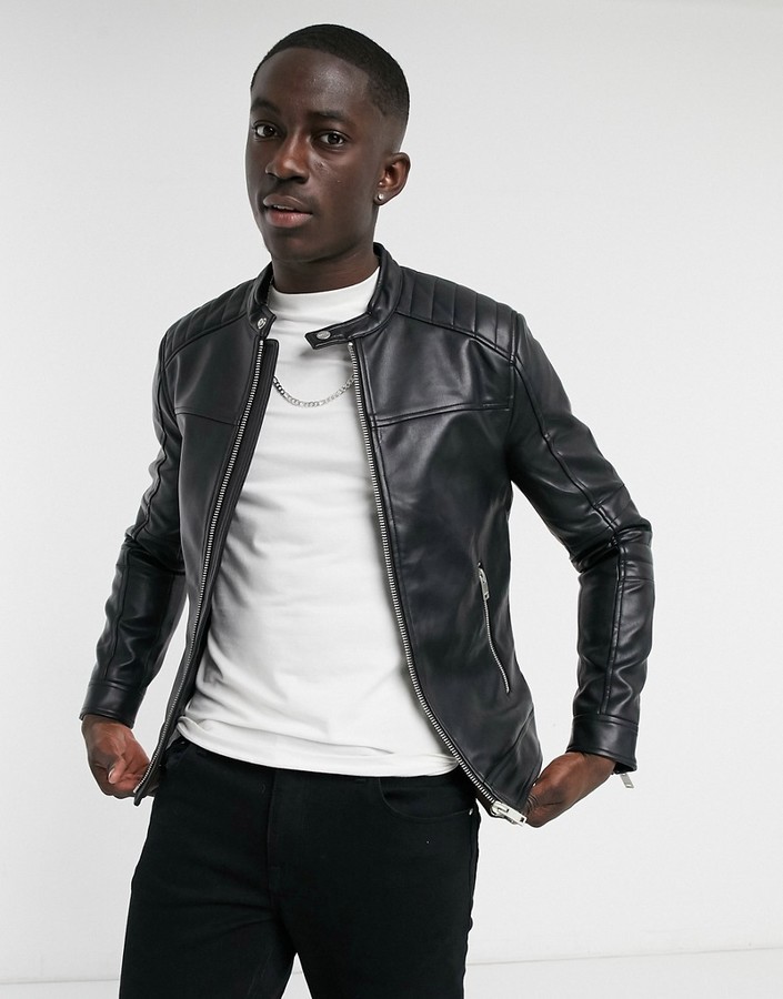 Bershka faux leather biker jacket in black - ShopStyle