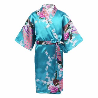 inhzoy Kids Girls Peacock Satin Bathrobe Nightgown Princess Pajamas Kimono Robe for Theme Party Wedding Purple 11-14 Years