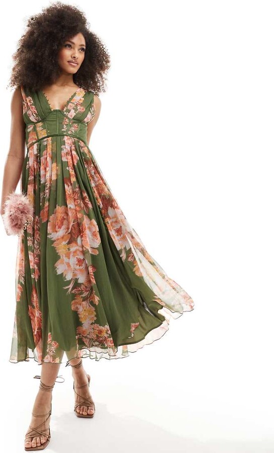 ASOS DESIGN corset plunge pleated midi dress with button detail in