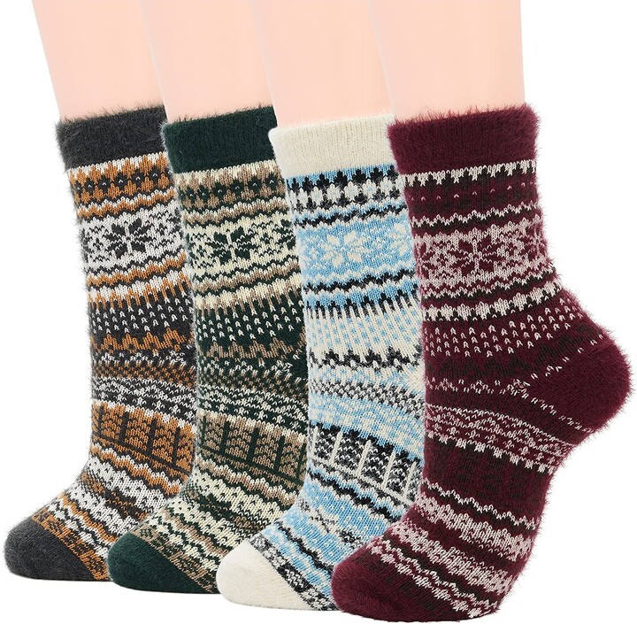 3 Pairs Womens Winter Warm Wool Vintage Style Knit Crew Socks 