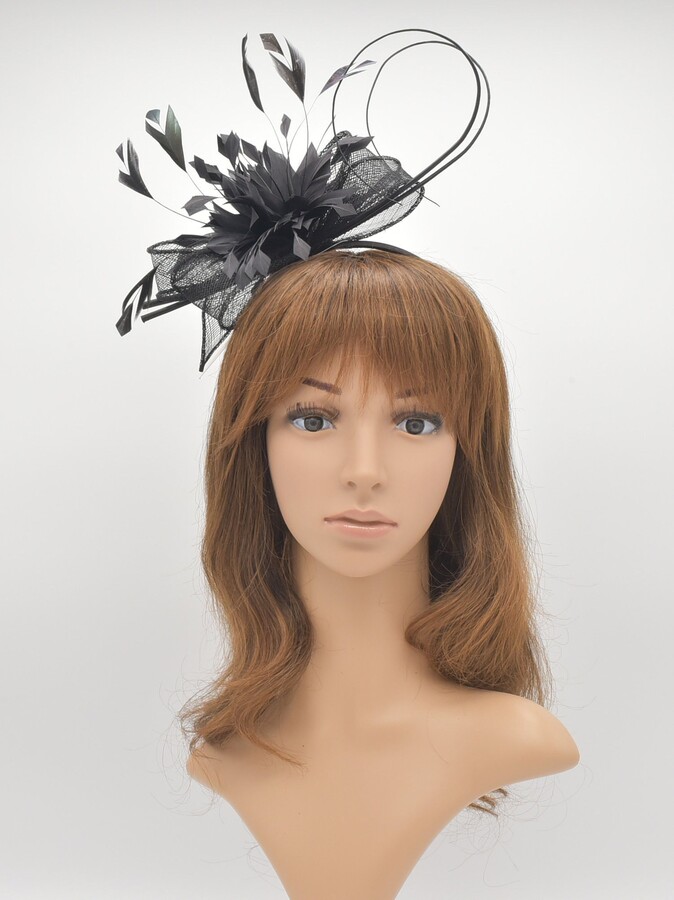 Etsy M8187 | Black Kentucky Derby Wedding Easter Tea Party Sinamy Ribbon 3 Feather Flowers Quills Headband Small Fascinator Cocktail