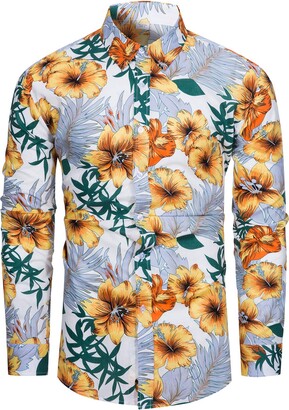 fohemr Mens Floral Printed Shirt Long Sleeve Casual Button Down Colorful Flower  Shirts 100% Cotton Red Yellow Small - ShopStyle