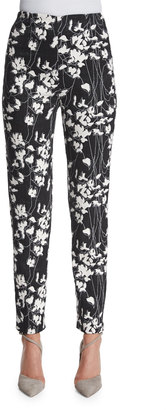 Donna Karan Floral-Print Slim-Fit Ankle Pants, Black/Ivory