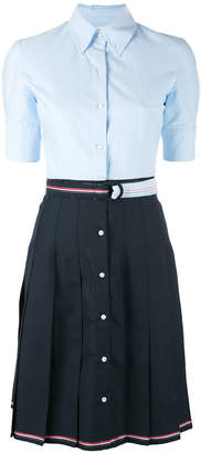 Thom Browne Short Sleeve High-Waisted Pleated Bottom Shirt Dress With Belt In Navy Super 100's Wool Twill