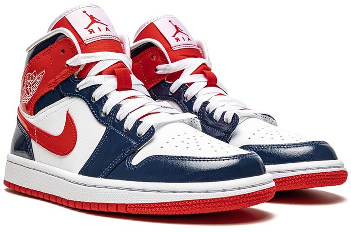 blue red and white jordan ones