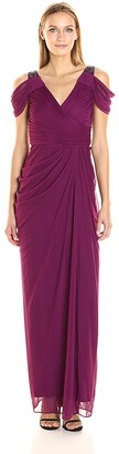 Adrianna Papell Women's Shirred Long Cold Gown with Embellished Shoulder