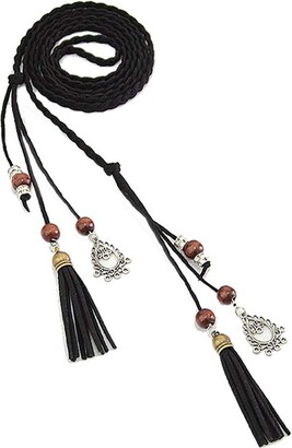 bismarckber Women Braided Beads Tassels Thin Skinny Waist Rope Belt Waistband Dress Decor