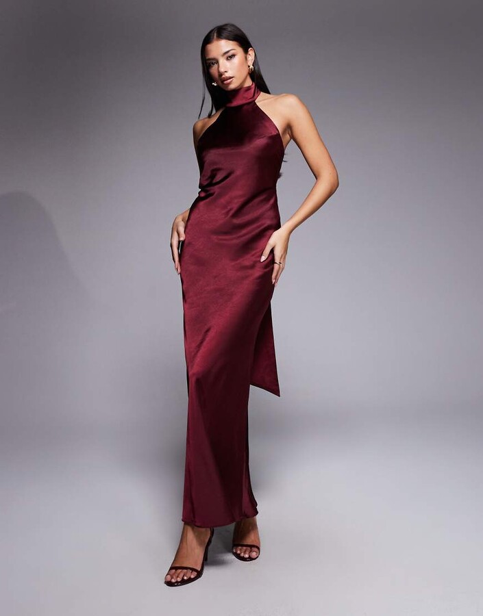 Rare London satin scarf detail halter open back maxi dress in plum