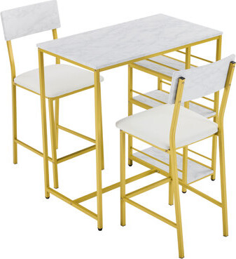 17 Stories VINGLI Disassembled MDF + Iron + Soft Cushion Marble Pattern + Tube One Table And Two Chairs With Side Storage Rack Bar Table And Chair Set