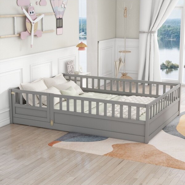 CAVINAS LLC CAVINASFullSizeBedFrame,WoodenKidsFloorBedwithExtraHighSafetyBarrier,ModernFullBedFrameforBedroom,LivingRoom,Gray