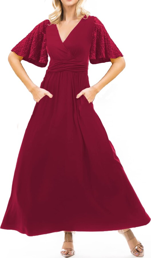 MIAMINE Women Ruffle Lace Short Sleeve Elegant Swing Knit Wedding Party  Maxi Wrap Dresses with Pockets Black Large - ShopStyle