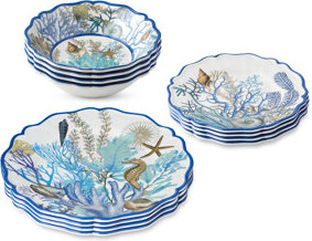 Certified International Blue Lagoon 12-Piece Melamine Dinnerware Set – Coastal Coral & Seashell Design – Service for 4 with Durable Lightweight BPA-Free Plates & Bowls – Di