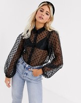 Thumbnail for your product : New Look balloon sleeve mesh organza blouse in black polka dot