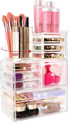 Brayden Studio Transparent Makeup Organizer With Drawer And Rotating Brush Holder - Large Capacity Makeup Display Cabinet For Dressing Table, Countertop, Bathroom, L