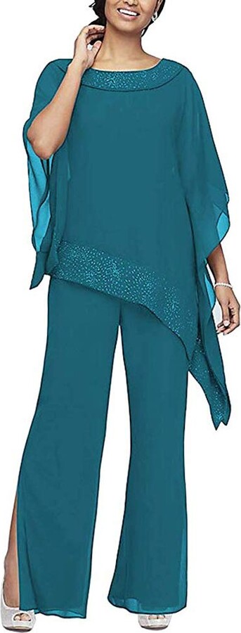 Leader of the Beauty Women's Chiffon 3 Pieces Pant Suits Elegant Mother of  The Bride Dresses with Outfit for Wedding Party 8 Teal - ShopStyle