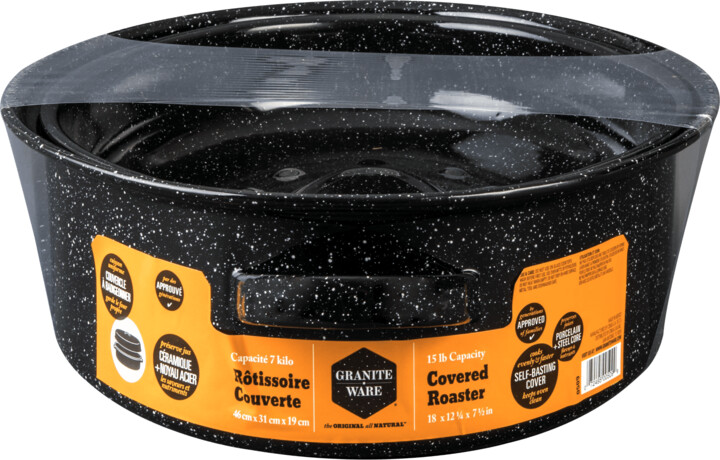 Granite Ware 10 lb. Capacity 15 in. Covered Oval Roaster, Speckled Black Enamel on Steel