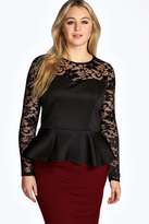 Thumbnail for your product : boohoo Plus Abi Lace Long Sleeve Peplum Top
