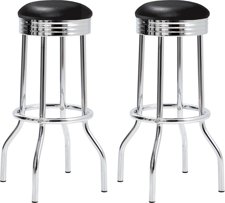 Coaster Fine Furniture Coaster Home Furnishings - Retro - Set of 2 Upholstered Swivel Bar Stools - Chrome Bar Stools with Black Leatherette Seats and Round Footrests - Home Bar & Kitchen - 19-Inch - Black & Chrome - 2408