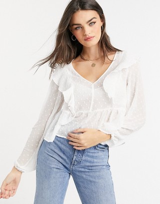 Stradivarius self spot top with ruffle detail in white - ShopStyle